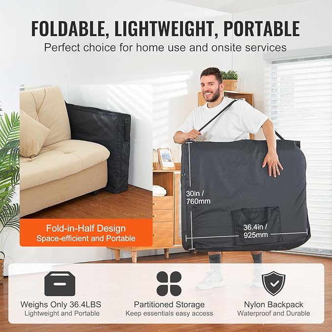 VEVOR Professional Wide Massage Table 30" W, Heavy Duty Folding Massage Table, 750LBS, 8-Level Height Adjustable Facial Salon Tattoo Bed, Portable Spa Table with Headrest, Hand Pallet & Carrying Bag