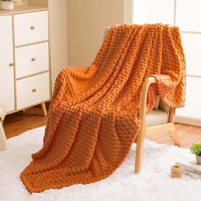 Vessia Flannel Fleece Twin Size Blanket(60x80 inch), 3D Jacquard Burnt Orange Fuzzy and Warm Blanket for Couch,Sofa, 300GSM Super Soft Touch Cozy Lightweight Bed Decor for All-Season Home Decor