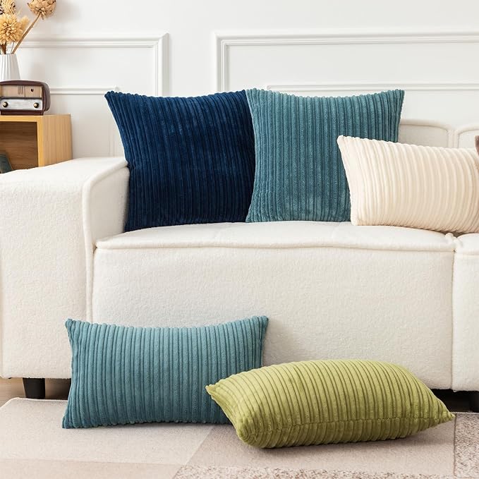 UGASA Velvet 12x20 Inch Lumbar Soft Throw Pillow Cover Boho Farmhouse Decorative Corduroy Striped Both Sides Solid Rectangular Cushion Case for Couch Bedroom Sofa Home, 1 Piece, Blue Grey