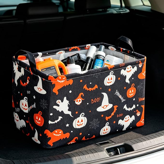 CLOCOR Rectangular Storage Basket Empty,Gift Basket,Waterproof Storage Bin with Handles,Room Decor(Black Halloween Basket)