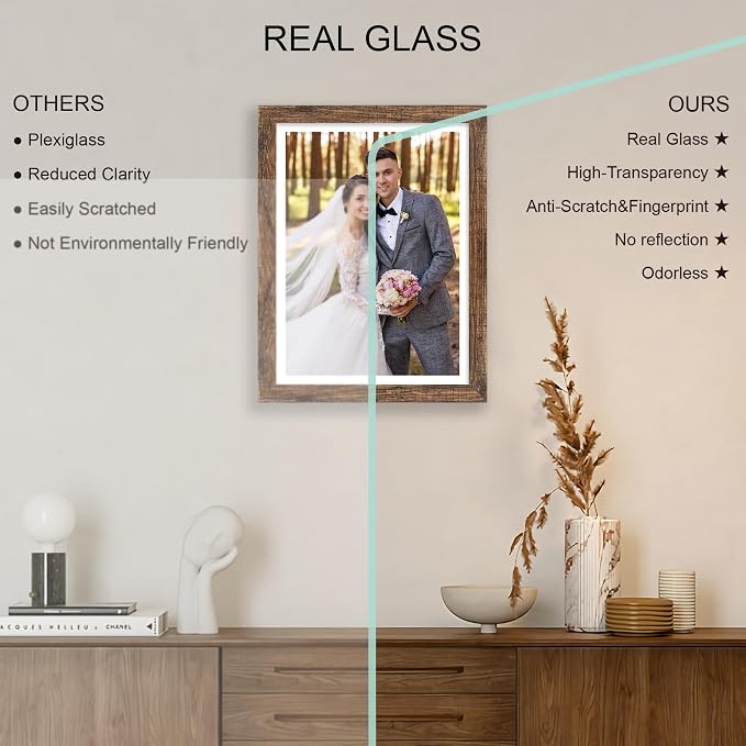 Hongkee 11x15 Picture Frame Set of 4, Made of Real Glass and Rustic Brown Frame - Display Picture 10x14 with Mat or 11x15 Without Mat, 11 by 15 Photo for Wall Mounting