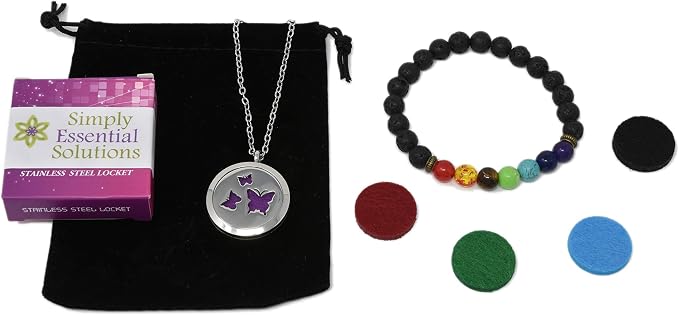 Aromatherapy Essential Oil Diffuser Stainless Steel 30MM Silver Magnetic Locket Pendant 2 Sizes Chain Necklace, Refill Pads & Diffuser Bracelet in a Velvet Bag (butterfly4)