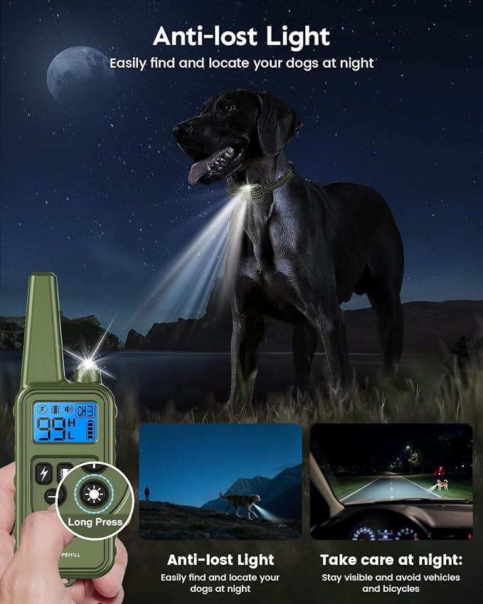 SLOPEHILL Dog Training Collar,4200FT Remote Shock Collar for Dogs 8-140lbs | IP68 Waterproof e Collar with Beep, Vibration, Safe Shock, Light ,No Shock Modes,Dog Collar with Removable Prongs,Dark Green