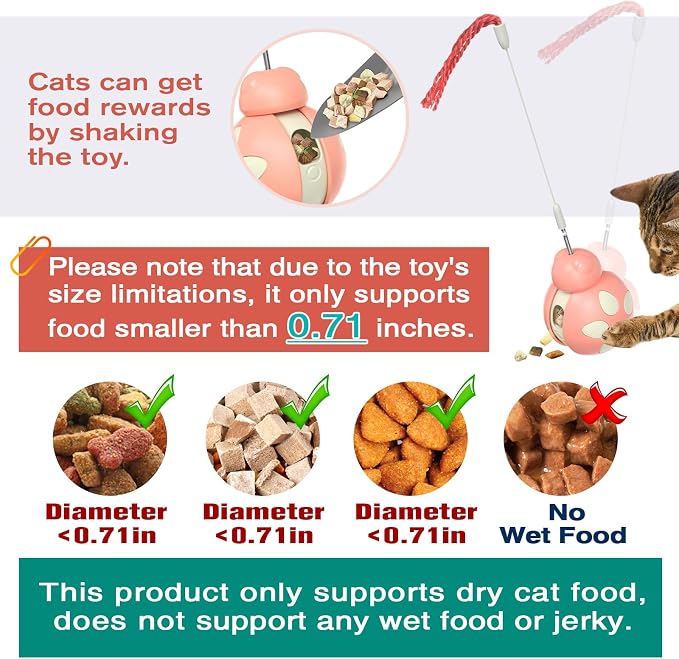 Cat Treat Dispenser Tumbler Food Toy Cats Slow Feed Ball Wand Teaser (Pink)