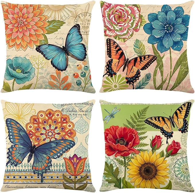 wyooxoo Spring Summer Pillow Covers 20x20 Set of 4 Farmhouse Throw Pillow Covers Linen Flower Butterfly Decorative Pillowcases for Sofa Couch Living Room Outdoor