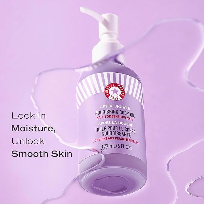First Aid Beauty - After-Shower Nourishing Body Oil, Hydrates Skin & Locks In Moisture with Skin-Loving Lipids Jojoba Seed and Grapeseed Oil, Safe for Sensitive Skin, 6 oz