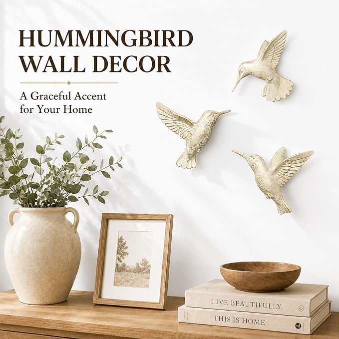 GUSFREUD 3D Hummingbird Wall Decor Set - Gold Resin Bird Wall Decor for Living Room, Bedroom and Gallery Walls - Ivory Gold - Set of 3