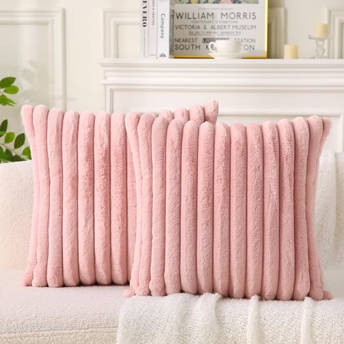 Decorative Throw Pillow with Inserts, Set of 2 Soft Faux Fur Throw Pillows, Square Boho Striped Pillow for Couch, Bed, Sofa Decor (Pink, 20" x 20"(Pack of 2))