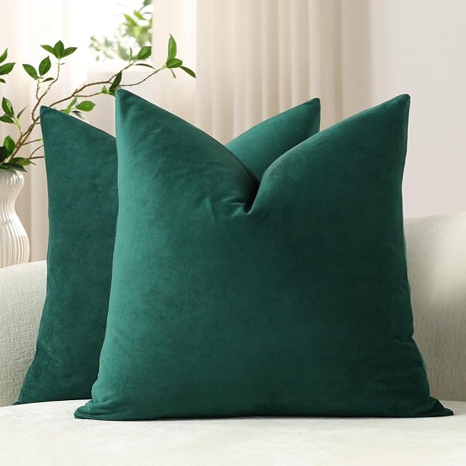 Euro Sham Covers 26x26 Green: Pack of 2 Cozy Soft Velvet Square Modern Luxury Decorative Throw Pillow Cases for Sofa Couch Living Room Bed Home Decor Christmas