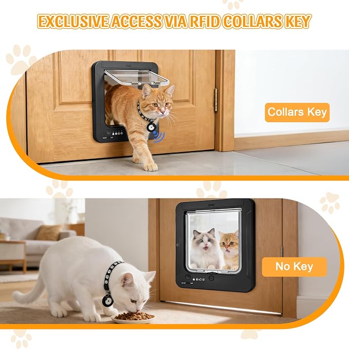 Smart Cat Door with 4 Collar Sensor Key, RFID Electronic Cat Door Collar Activated with Remote Control, 4 Way Locking Cat Flap Automatic Pet Door Interior & Exterior