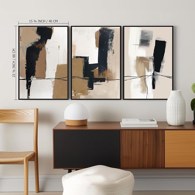 SAFERRYHOME Neutral Abstract Black and Tan Brown Wall Art Set of 3, 16"x24" | Black and Tan Brown Framed Canvas Print Set,Mid-Century Modern Brown Minimalist Shapes for Living Room Bedroom Office Hallway