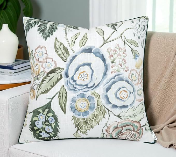 Blue Rose Floral Print 20x20 Throw Pillow Cover | Blue rose floral bouquet on off-white slub, green piping; both sides printed; hidden zip; cover only