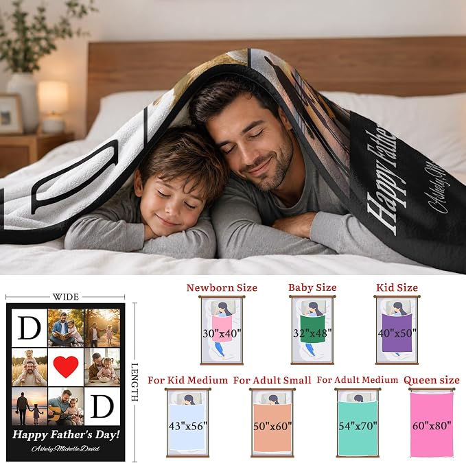 Fathers Day Birthday Gift for Dad Custom Blanket with 6 Photo & Text, Personalized Blankets with Picture to My Dad, HD Printing Customized Flannel Throw Blanket Gifts for Best Daddy Grandpa Ever