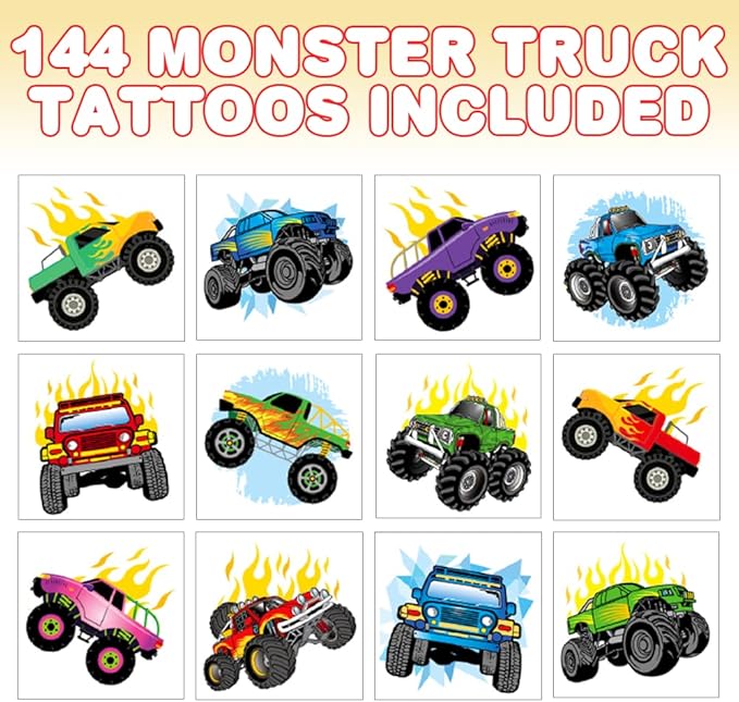 ArtCreativity Monster Truck Individual Temporary Tattoos for Kids - Pack of 144 - Non-Toxic 2 Inch Pre-Cut Tattoos - Moster Truck Birthday Party Favors and Goody Bag Fillers for Boys and Girls