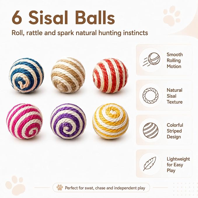 Cat Toys for Indoor Cats, 6 Sisal Balls & 24 Colorful Springs