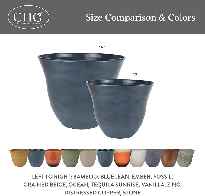 13" Honeysuckle Planter in Blue Jean | Hand-Painted Finish Plant Pots, Lightweight Indoor Outdoor Planter, UV-Resistant, Great for Patio, Home & Garden Decor Accent