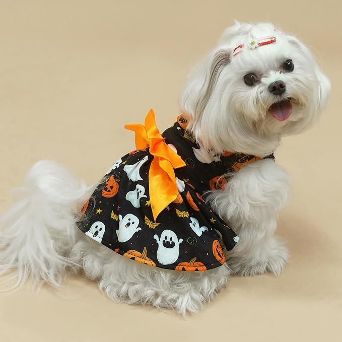 PUPTECK Print Dog Halloween Dress Pet Costumes Apparel with Cute Bowtie Puppy Clothes Outfit, Ghost, M