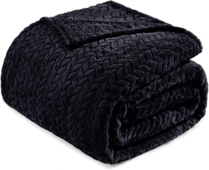 Exclusivo Mezcla Soft Fleece Bed Blanket Queen Size, 90”x90”, Black | Cozy Fluffy Lightweight Blankets for Summer, Decorative Plush Flannel Throws for Living room, Bedroom with Leaves Pattern
