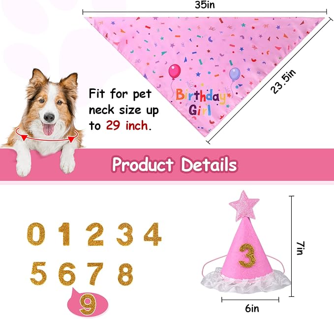 Dog Girl Birthday Party Hat, Dog Birthday Party Supplies | Dog Birthday Bandana Set with Numbers for Gaint and Extra Large Puppy (Pink)