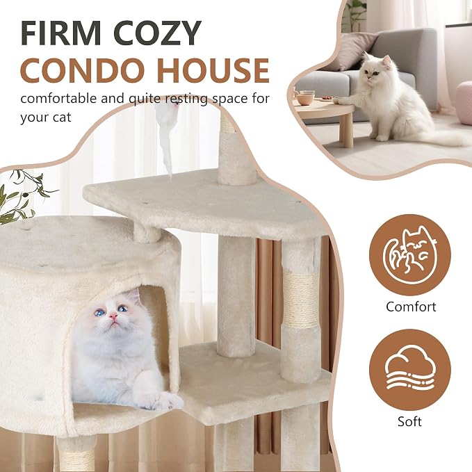 FDW | 36" Cat Tree Tower | Beige | Multi-Level Indoor Activity Center | with Sisal Scratching Posts, Condos, Plush Perches, Hanging Cat Toys | Sturdy, Easy to Assemble | for Kittens & Adult Cats