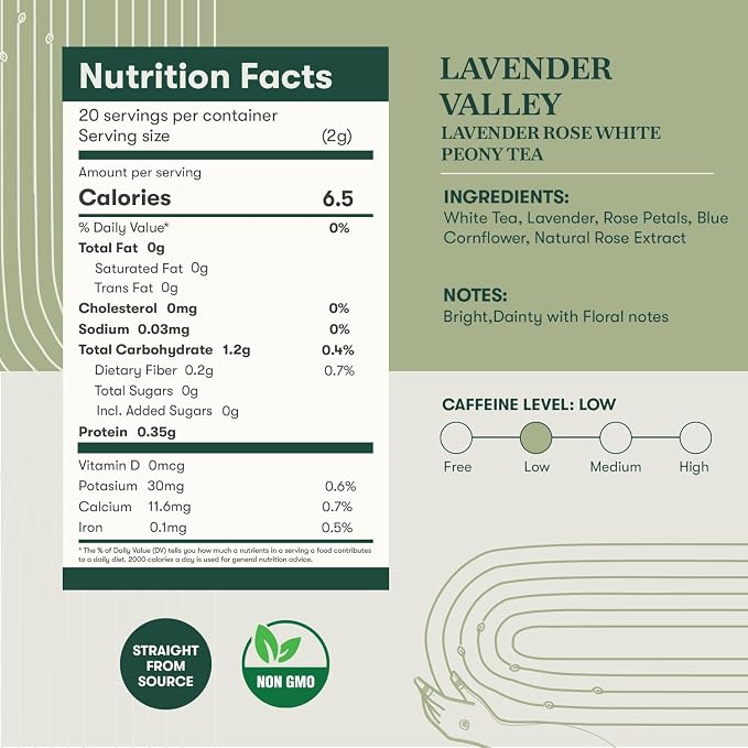 Luxmi Estates Lavender Valley Lavender Tea (25 Tea Bags) Low Caffeine Tea Bags For Relaxing, Calming, and Stress Relief, With Darjeeling Makaibari White Tea