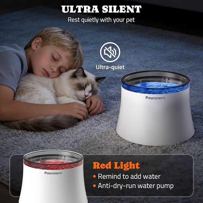 Pawtners 1 Gal/3.5L Dog Water Fountain, Automatic Dog Water Bowl Dispenser | Vortex Flow filter, Automatic Pet Water Fountain for Large Dogs Inside, Deep Drinking Area and Quiet Pump, 6.7" H