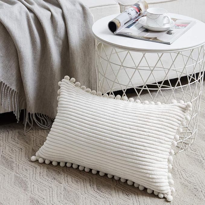 Fancy Homi 2 packs Cream White Boho Decorative Throw Pillow Covers with Pom-poms, Soft Corduroy Solid Square Cushion Cases Set for Living Room Couch Sofa Bedroom Car (12x24 Inch/30x60 cm, Cream White)