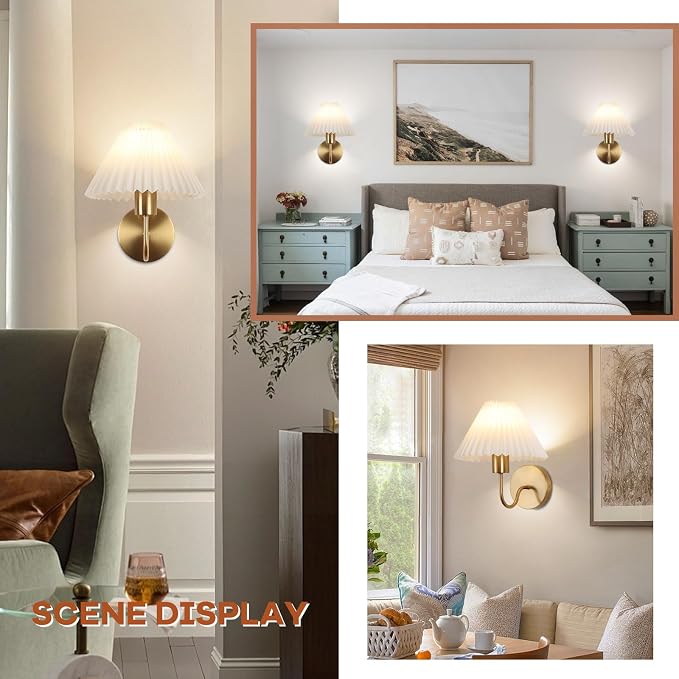 Wireless Wall Sconce Sets of 2, Pleated Shades Rechargeable Battery Operated Wall Sconce, Retro gooseneck Gold Wall Lights Bathroom Vanity Sconces, Wall Mounted Lamps for Bedroom Living Room Kitchen