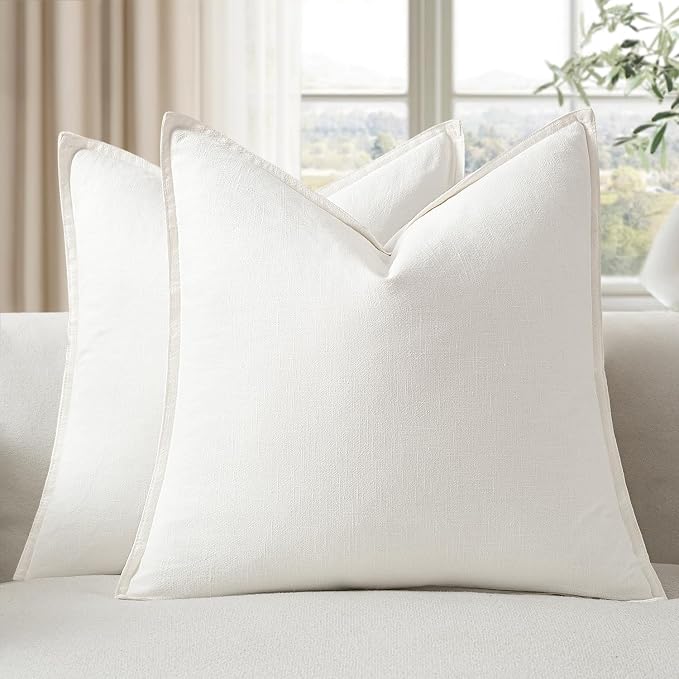 EMEMA Decorative Linen Throw Pillow Covers 20x20 Inch Cream | Boho Farmhouse Neutral Couch Throw Pillows for Bed Pack of 2 Accent Pillowcase Modern Sofa Cushion Livingroom Home Decor