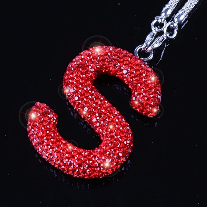 Bling Car Mirror Hanging Accessories - Letter S, Crystal Rhinestone Diamond Rear View Mirror Hanging, Cute Lucky Girl Car Accessories (Red)