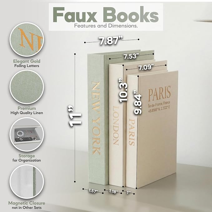 Faux Book Storage Box Set of 3—Green/Beige/Beige—Decorative Faux Books with Hidden Storage for Coffee Table Decor, Bookshelf or Mantle—Linen Decorative Boxes—Aesthetic Book Decor for Home