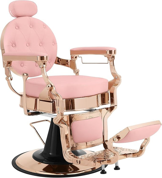 Vintage Barber Chair for Barbershop, Heavy Duty Recline Hair Salon Chair for Home Hair Beauty Stylist, Professional Salon Spa Shampoo Equipment, Supports up to 550lbs & 360° Swivel, Rose Gold