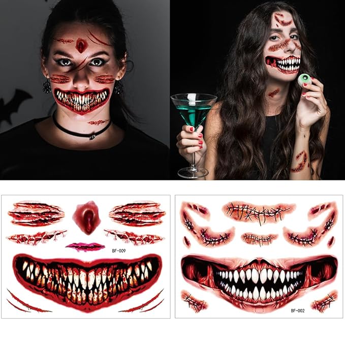 9 Sheets Halloween Tattoos - Halloween Temporary Tattoos, Horrible scar Makeup Fake Face Stickers, Funny scar mouth Face Decals for Adults Women Girls Clown Makeup Kit Party
