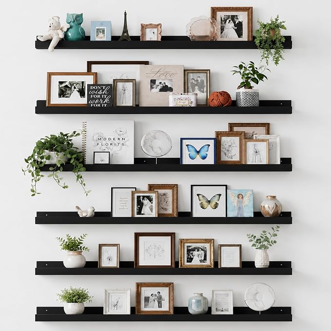 upsimples Floating Shelves for Wall Decor and Storage, Black, 6Pcs 47.3'' | Wall Mounted Wood Shelves for Living Room, Bedroom, Kitchen, Office, Hallways Display and Organize Photos