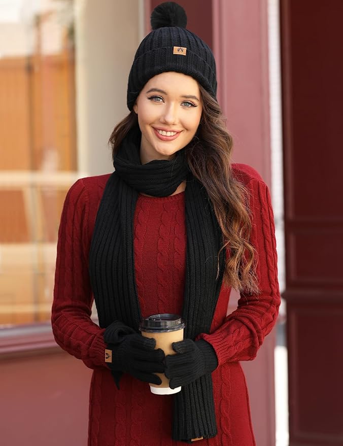 Yusongirl Winter Women Scarf Gloves Beanie Ear Muffs Socks Set Cold Weather Warm Knit Hat Fleece Long Neck Warmer 5 in 1 Set