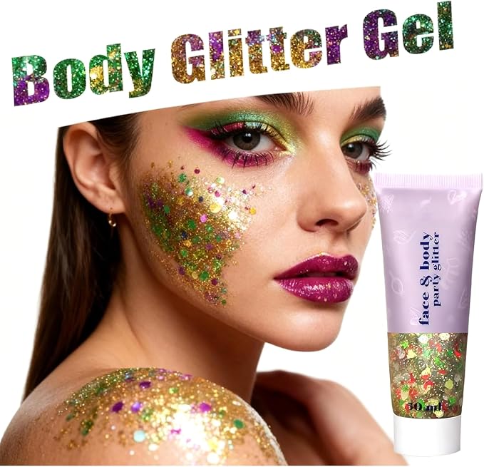 Red Green and White Body Glitter Gel, Christmas Face Hair Glitter for Kids & Women,Shimmer Holographic Colorful Sequins Chunky Glitter Gel Makeup,Accessories for Festival Rave (Christmas Themed)