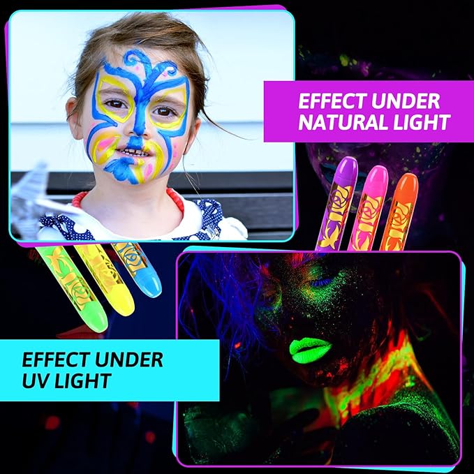 Neon Face Paint Sticks,Glow Face Body Paint,Glow In The Dark Under UV Black Light for Party Cosplay Halloween(6 Neon Color)