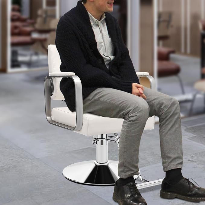 Salon Chair for Hair Stylist, Hydraulic Barber Chair with 360° Swivel, Height Adjustable Styling Chair for Barbershop, Beauty Salon, Tattoo & Spa Equipment, Off-White and Silver