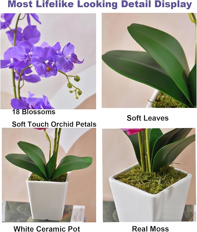 22" Purple Faux Orchid in Ceramic Vase for Table Décor | Real Look Potted Phalaenopsis, Ideal Centerpiece for Home, Office, or Indoor Display, Lifelike Silk Flowers, No Maintenance