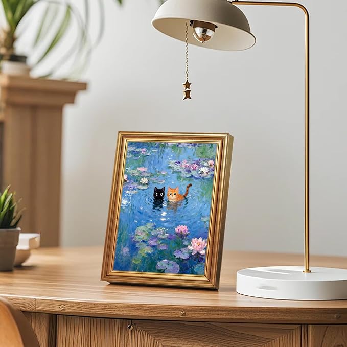 ICHZUMW Gold Framed Funny Cats Monet Water Lilies Canvas Wall Art, 8x10 In | Quirky Black and Orange Cats, Humorous Bathroom Wall Decor, Bedroom Restroom Powder Room, Fade Resistant, Ready to Hang