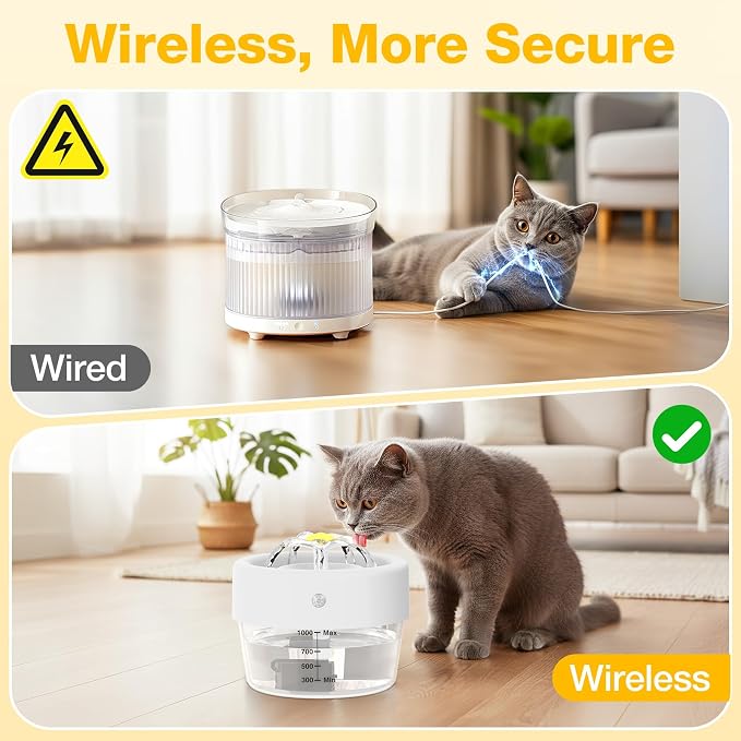 Cat Water Fountain, 1000ml Wireless Cat Water Fountain | Rechargeable Battery Operated,120° Wide-Angle Sensor, Automatic Pet Water Fountain with Quiet Pump for Cats/Dogs