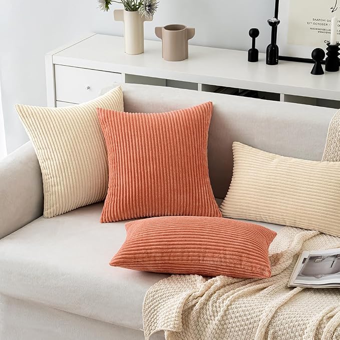 MIULEE Decorative Corduroy Throw Pillow Covers Set of 2 16x16 Coral Red | Soft Striped Textured Cushion Cases, Boho Square Lovely Cute Pillowcases, Home Decor for Couch Chair Sofa Bed Living Room