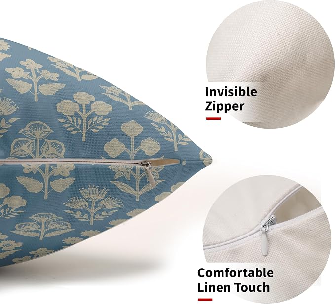Light Blue Pillow Covers 12x20 Inch Set of 2, Cream Floral Block Print Pattern Lumbar Decorative Throw Pillowcases Outdoor Farmhouse Rectangle Cushion Covers Spring Summer Sofa Couch Bed Decor