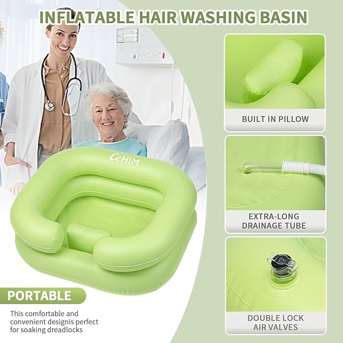 Inflatable Shampoo Basin - Portable Shampoo Bowl, Hair Washing Basin for Bedridden, Disabled,Injured, Hair Wash Tub for Dreadlocks and at Home Sink Washing (Green)