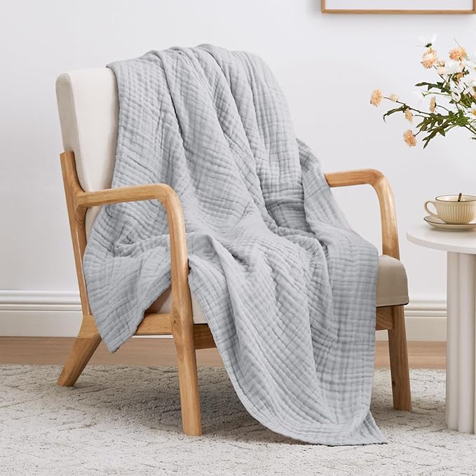 Love's cabin 100% Cotton Muslin Blanket, 6 Layer Lightweight Breathable Gauze Throw Blanket 50 x 60 Inches, Soft All Season Blanket for Couch, Bed, Sofa, Light Grey