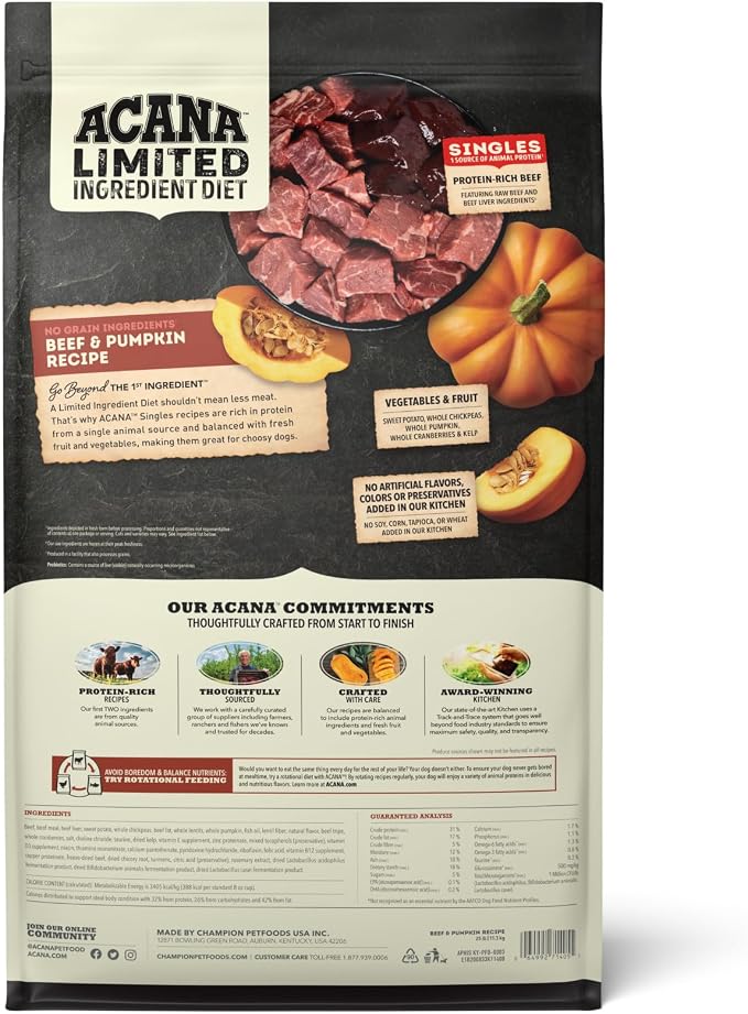 ACANA Singles Limited Ingredient High Protein Dry Dog Food Beef 22.5lb Bag | Freeze Dried, Grain Free, High Protein, Made in the USA, Omega-3 Fatty Acids, Immune Support, Limited Ingredient