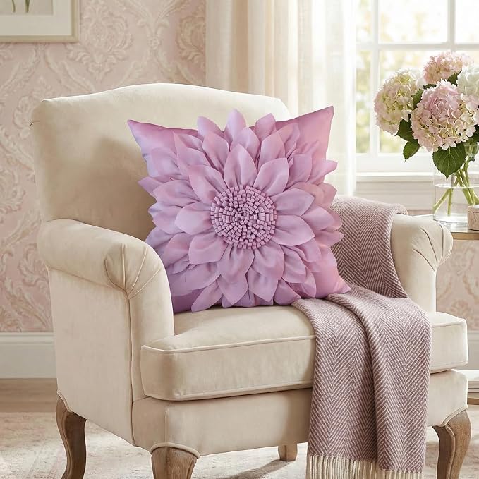 Purple Accent 3D Flower Decorative Throw Pillow Covers for Bed Sofa Couch | Bella's Giftshop Handmade Sunflower Floral Pillow Cases Living Room Bedroom Decor, Standard Size 18x18 Inch