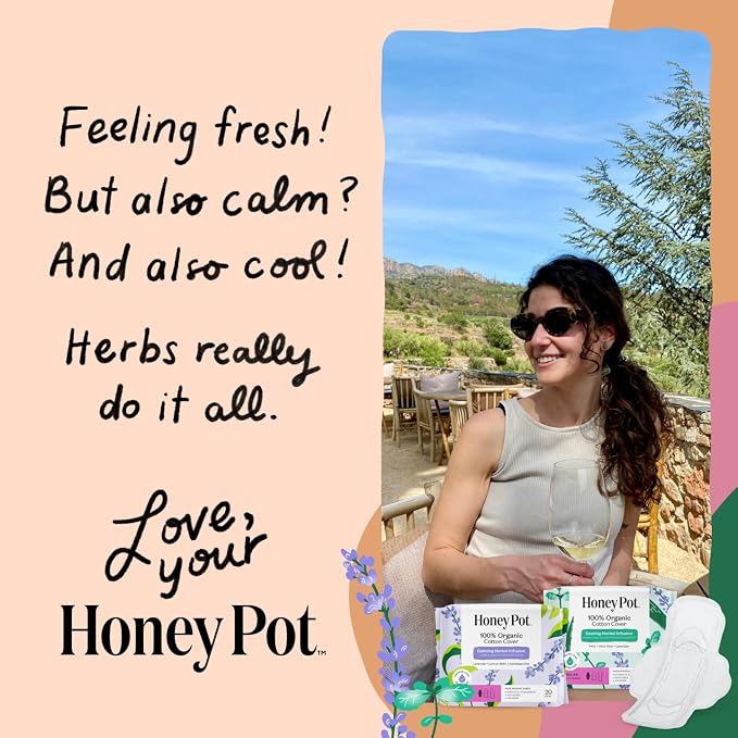 Honey Pot Calming Overnight Sanitary Pads for Women - 100% Organic Cotton Top Sheet - Feminine Care - Non Cooling - Calming Herbs of Lavender, Ashwagandha, & Lemon Balm - 12ct