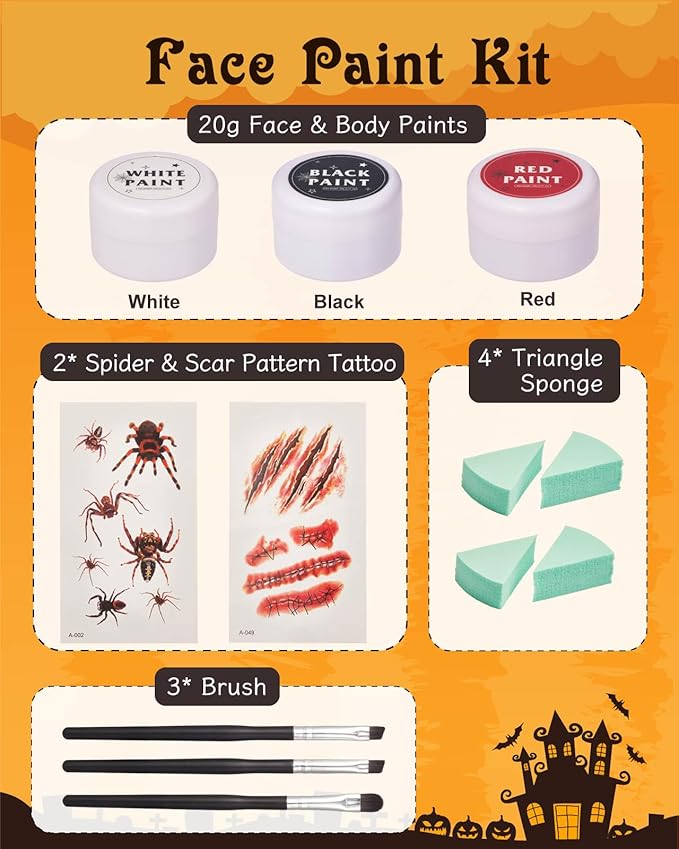 Lictin Special Effects SFX Zombie Makeup Kit, Black White Red Face Body Paint Palette with Scar Wax, Fake Blood Spray & Gel, Vampire Skeleton Clown Makeup Body Paint (12PCS)