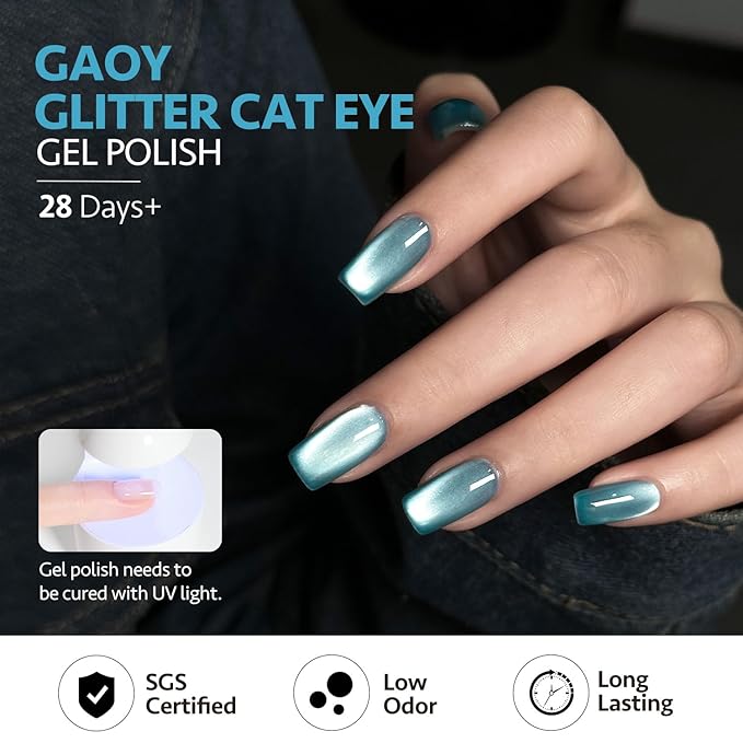 GAOY Jelly Blue Cat Eye Gel Nail Polish, 16ml Glitter Holographic Nail Polish with Magnet, Reflective Translucent UV Gel, 2986 Aqua Aura